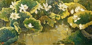 Pond of White Lotuses VII Vietnamese Lacquer Painting by Artist Do Khai