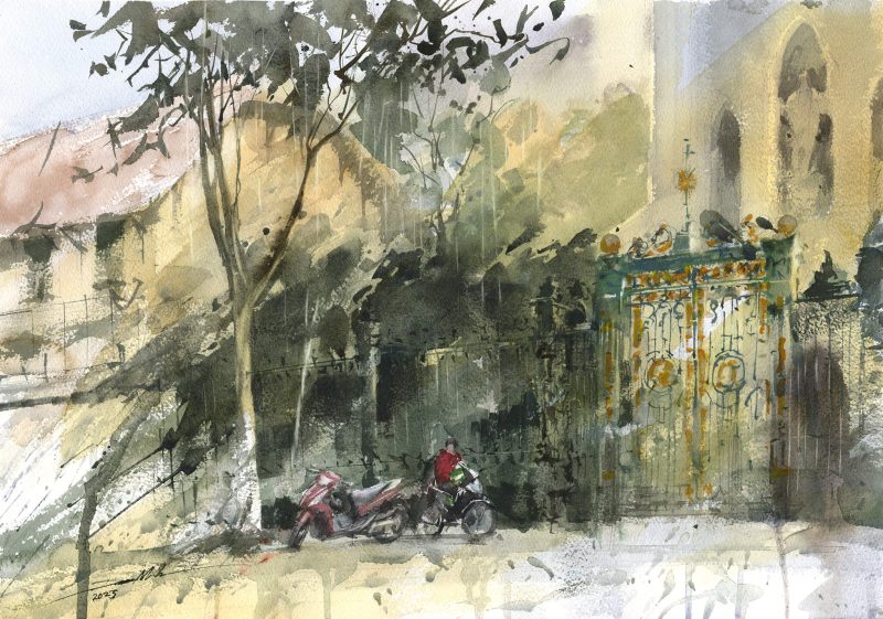 Ham Long Church Vietnamese Watercolor Painting By Artist Minh Dam