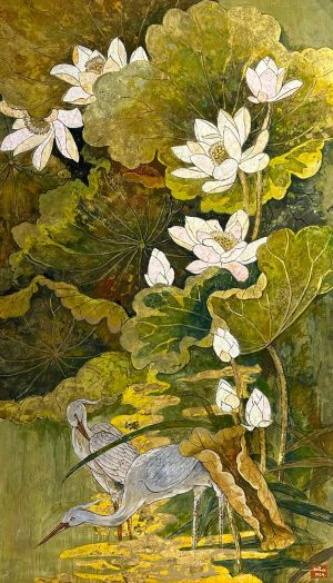 White Crane Among Lotuses - Vietnamese Lacquer Painting by Artist Do Khai