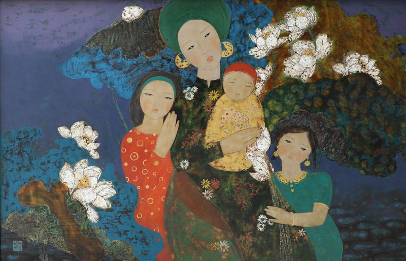 White Lotus - Vietnamese Lacquer Painting by Artist Dang Hien