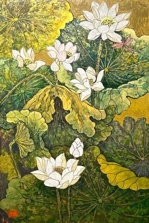 White Lotus Blossom Vietnamese Lacquer Painting by Artist Do Khai