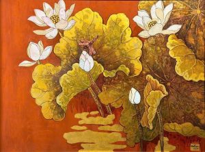 White Lotus Blossom II Vietnamese Lacquer Painting by Artist Do Khai