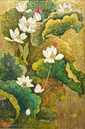 Pond of White Lotuses IX Vietnamese Lacquer Painting by Artist Do Khai