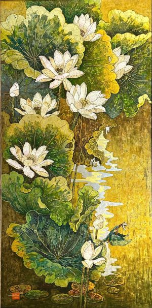 Pond of White Lotuses VIII Vietnamese Lacquer Painting by Artist Do Khai