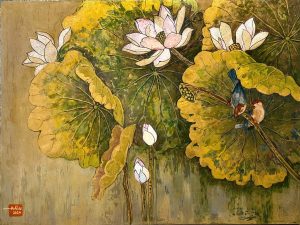 Pond of White Lotuses X Vietnamese Lacquer Painting by Artist Do Khai