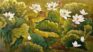 Pond of White Lotuses XI Vietnamese Lacquer Painting by Artist Do Khai