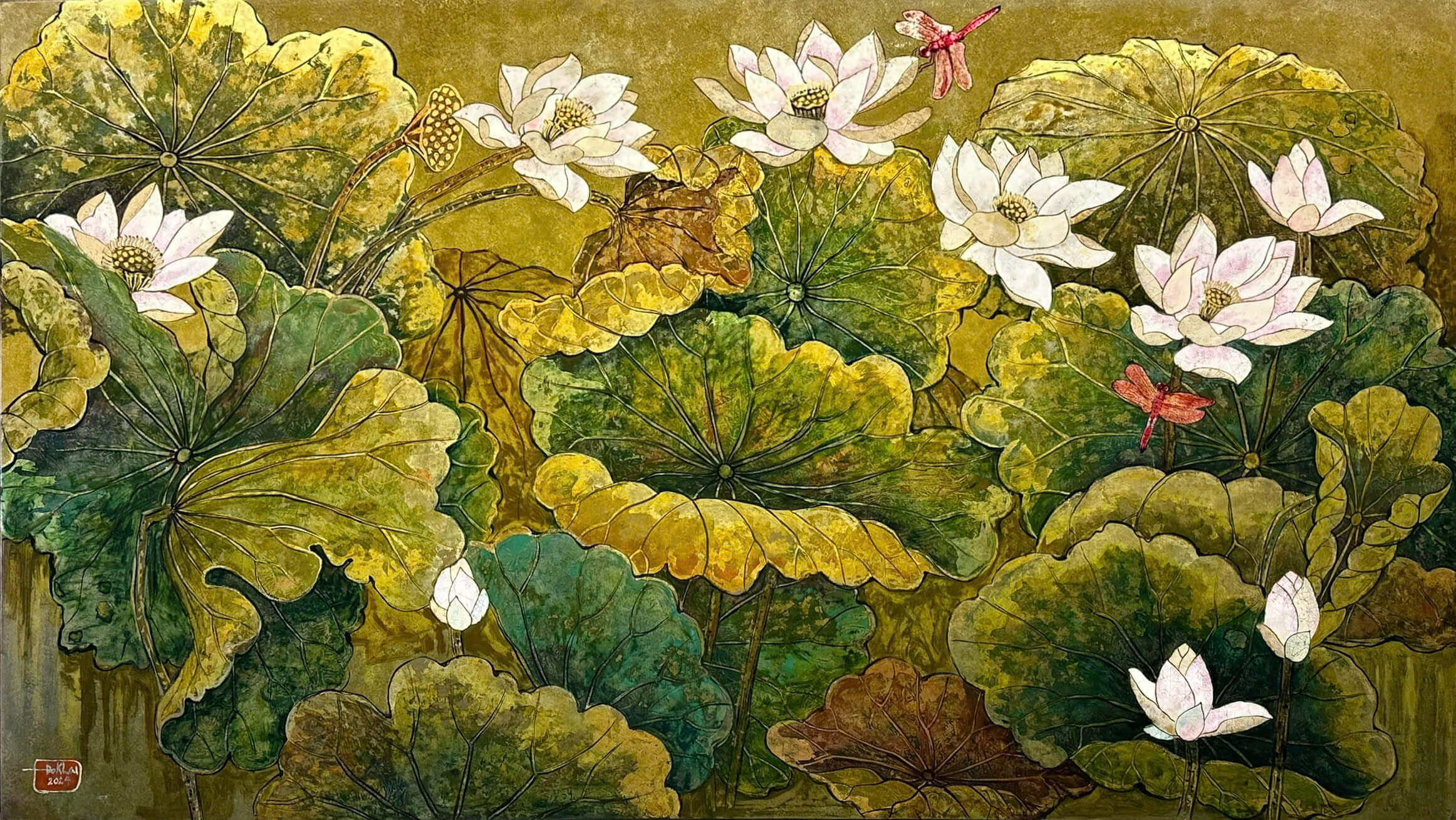 Pond of White Lotuses XI Vietnamese Lacquer Painting by Artist Do Khai