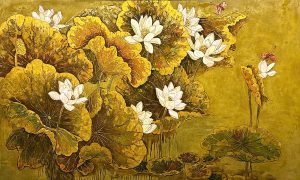 Pond of White Lotuses XII Vietnamese Lacquer Painting by Artist Do Khai