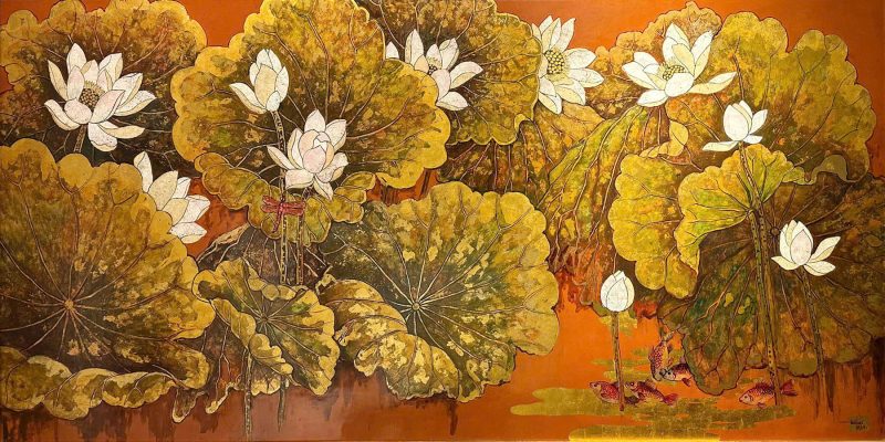 Pond of White Lotuses XIII Vietnamese Lacquer Painting by Artist Do Khai