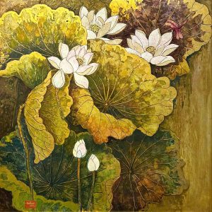 White Lotuses XVI Vietnamese Lacquer Painting by Artist Do Khai