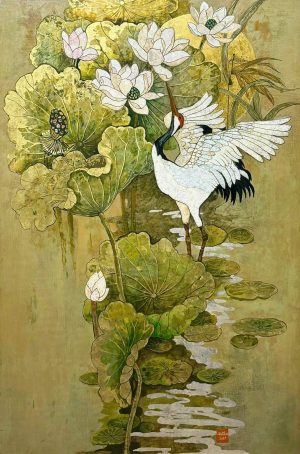 White Crane in Rain with Lotus Vietnamese Lacquer Painting by Artist Do Khai