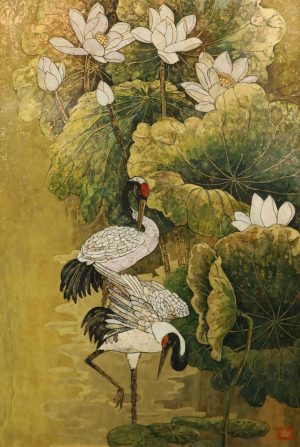 White Crane Among Lotuses II Vietnamese Lacquer Painting by Artist Do Khai