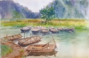 Van Long Wharf Vietnamese Watercolor Painting By Artist Nguyen Phuong