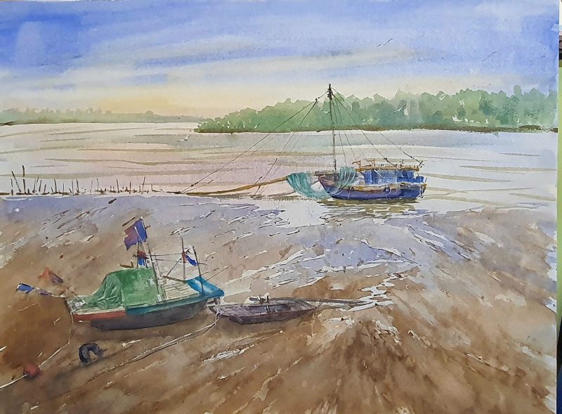 The Wharf Vietnamese Watercolor Painting By Artist Nguyen Phuong