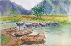 Van Long Wharf - Vietnamese Watercolor Painting By Artist Nguyen Ngoc Phuong