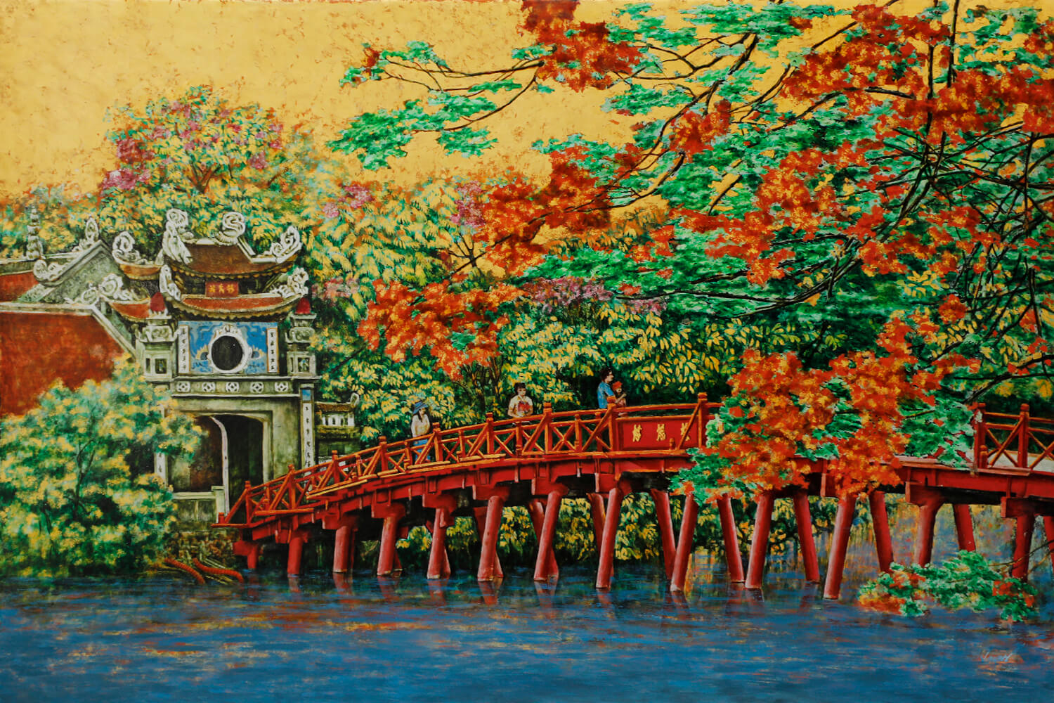 The Huc Bridge II Vietnamese Lacquer painting by artist Nguyen Van Nghia