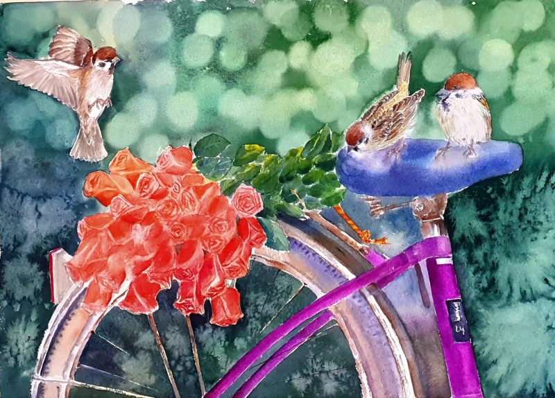 Mother's Old Bicycle Vietnamese Watercolor Painting By Artist Nguyen Phuong