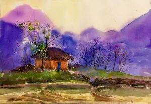 Violet Dusk in the Highlands - Vietnamese Watercolor Painting By Artist Nguyen Ngoc Phuong