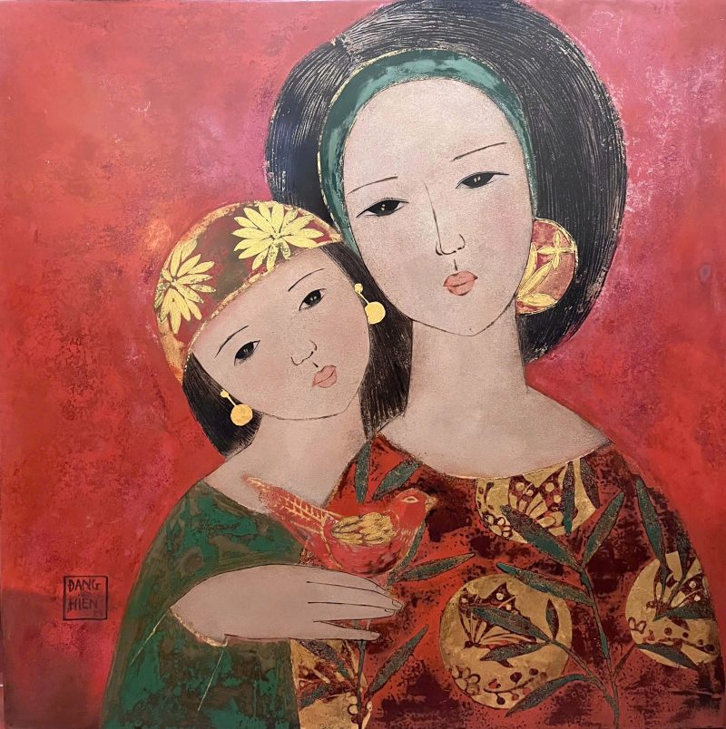 Spring Market Vietnamese Lacquer Painting by Artist Dang Hien