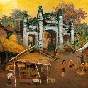 Countryside Market - Vietnamese Lacquer Painting by Artist Le Khanh Hieu