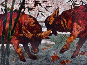 Buffalo Fighting - Vietnamese Lacquer Painting by Artist Le Khanh Hieu