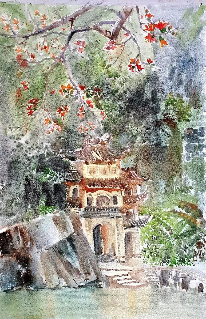Bich Dong Pagoda on a Tranquil March Day - Vietnamese Watercolor Painting By Artist Nguyen Ngoc Phuong