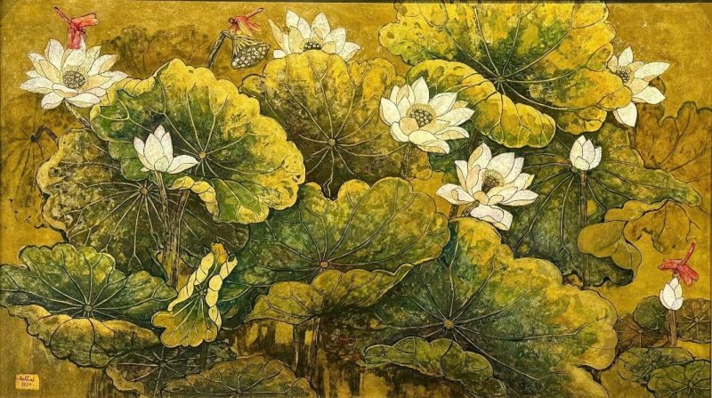 White Lotus Blossom III Vietnamese Lacquer Painting by Artist Do Khai