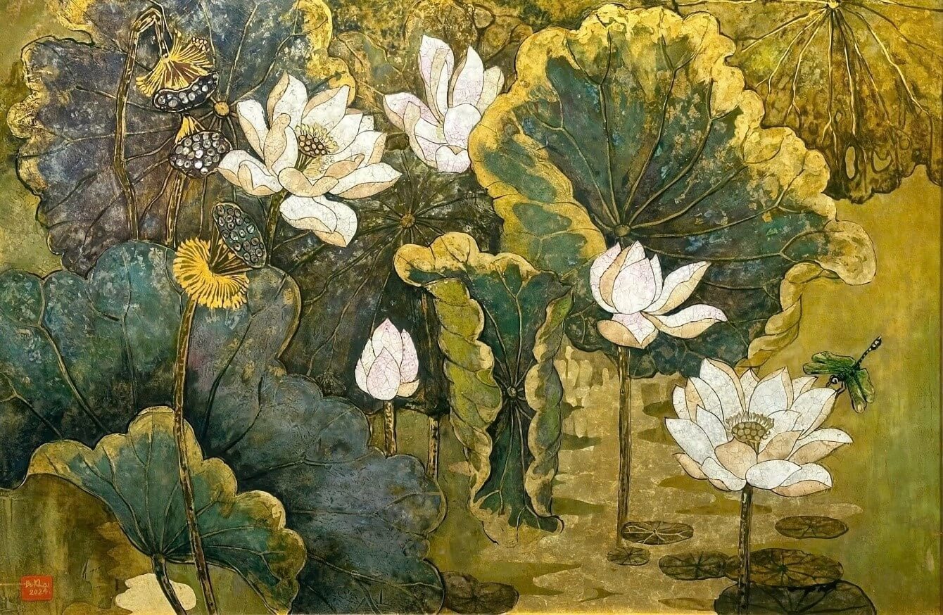 The Five Lotus Blossoms II - Vietnamese Lacquer Painting by Artist Do Khai