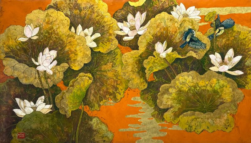 Dancing on Lotus - Vietnamese Lacquer Painting by Artist Do Khai