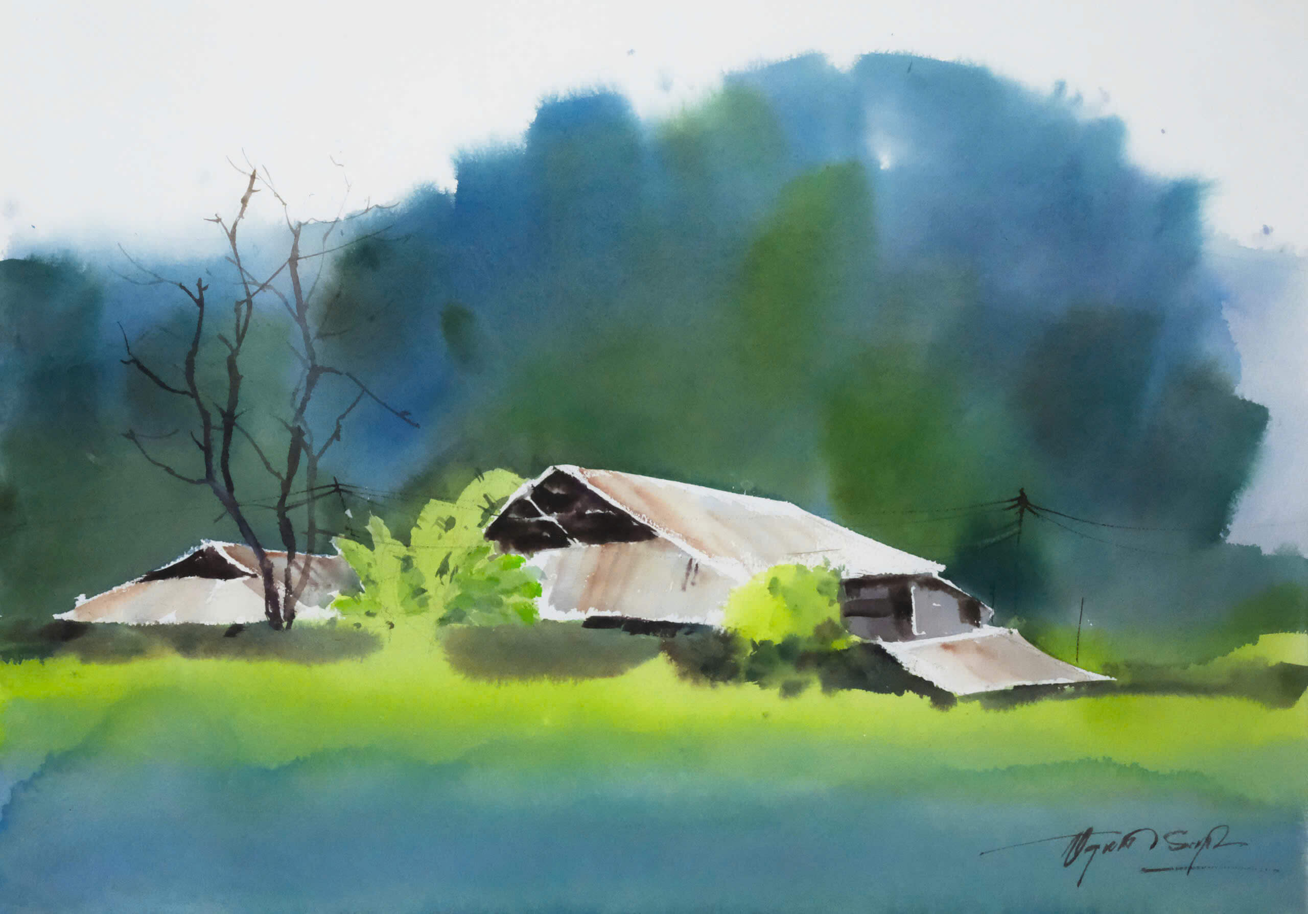 By the Meadow II Watercolor Painting By Artist Dinh Duc