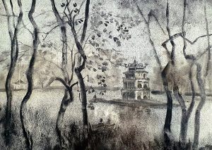 Winter Through the Old Street Vietnamese Watercolor Painting By Artist Nguyen Phuong