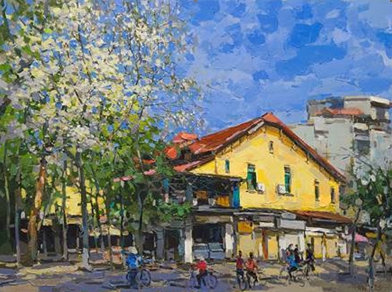 Milkwood Flowers On Street Corner Vietnamese Oil Painting by Artist Pham Hoang Minh