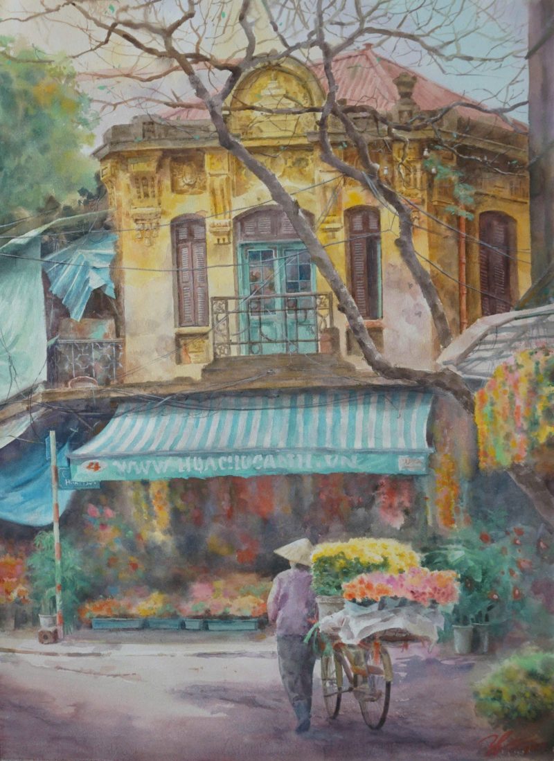 Streetside Blooms Watercolor Painting By Artist Duc Tien