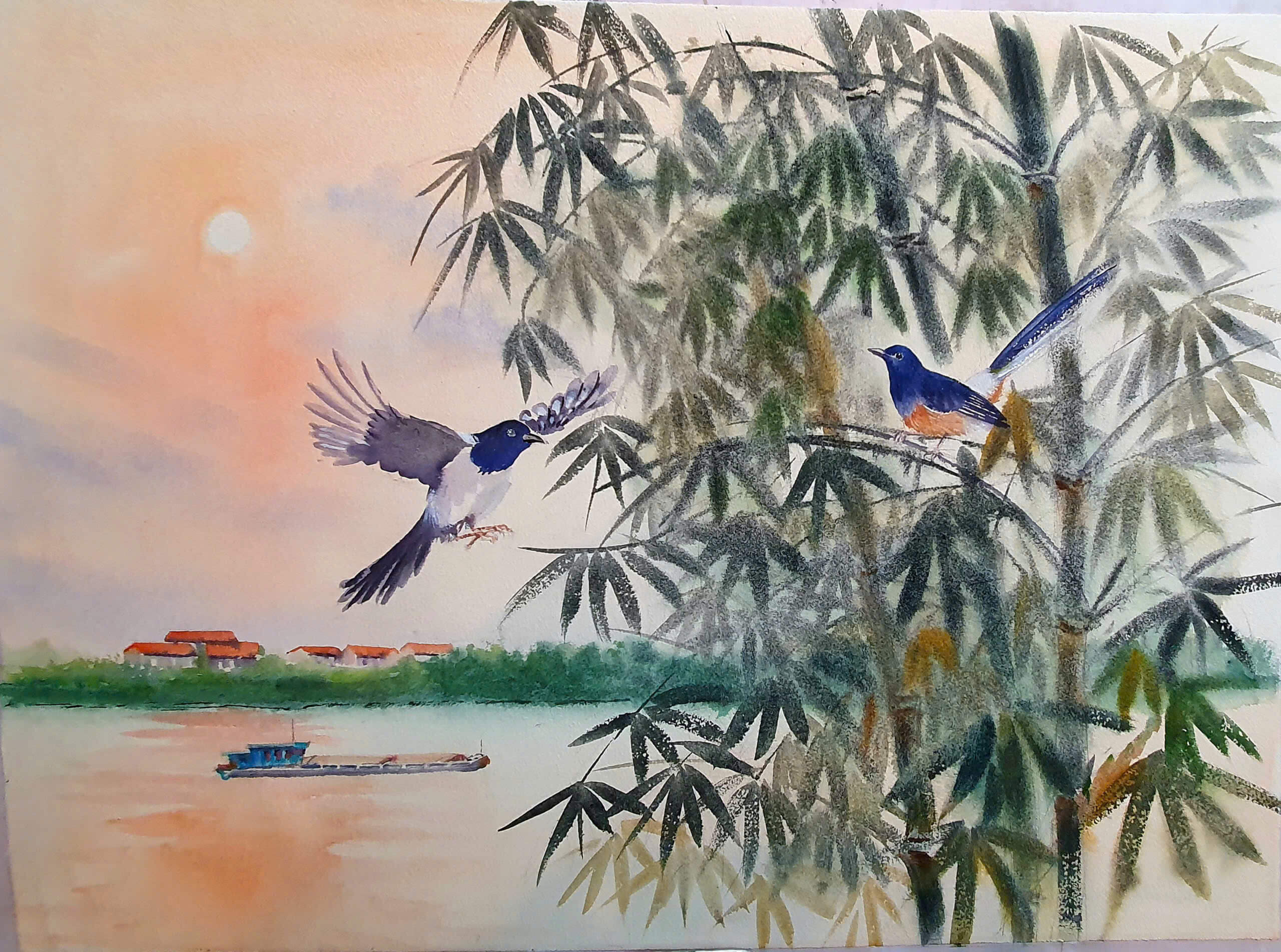 Sunset on Duong River Vietnamese Watercolor Painting By Artist Nguyen Phuong