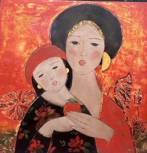 Red Rose Vietnamese Lacquer Painting by Artist Dang Hien