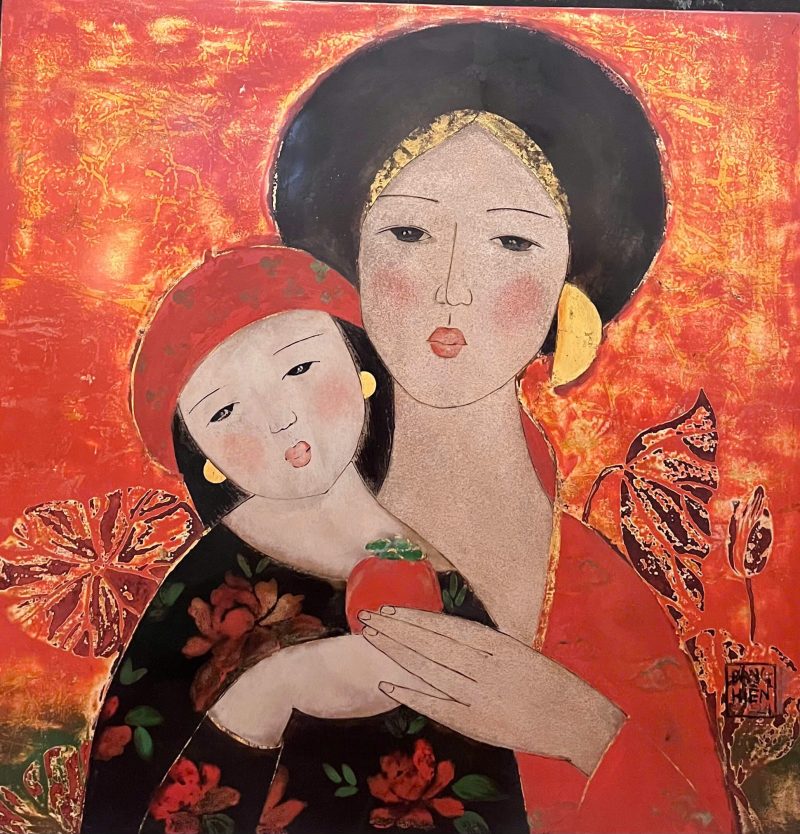 Red Rose Vietnamese Lacquer Painting by Artist Dang Hien