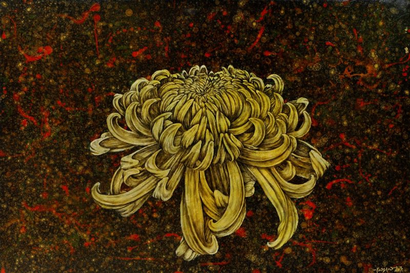 Golden Daisy II - vietnamese lacquer painting by artist nam thanh trung