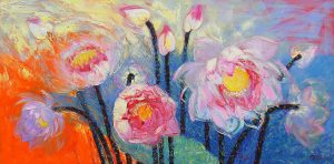 Lotus in the West Lake - Vietnamese Oil Paintings of Flower by Artist Dang Dinh Ngo