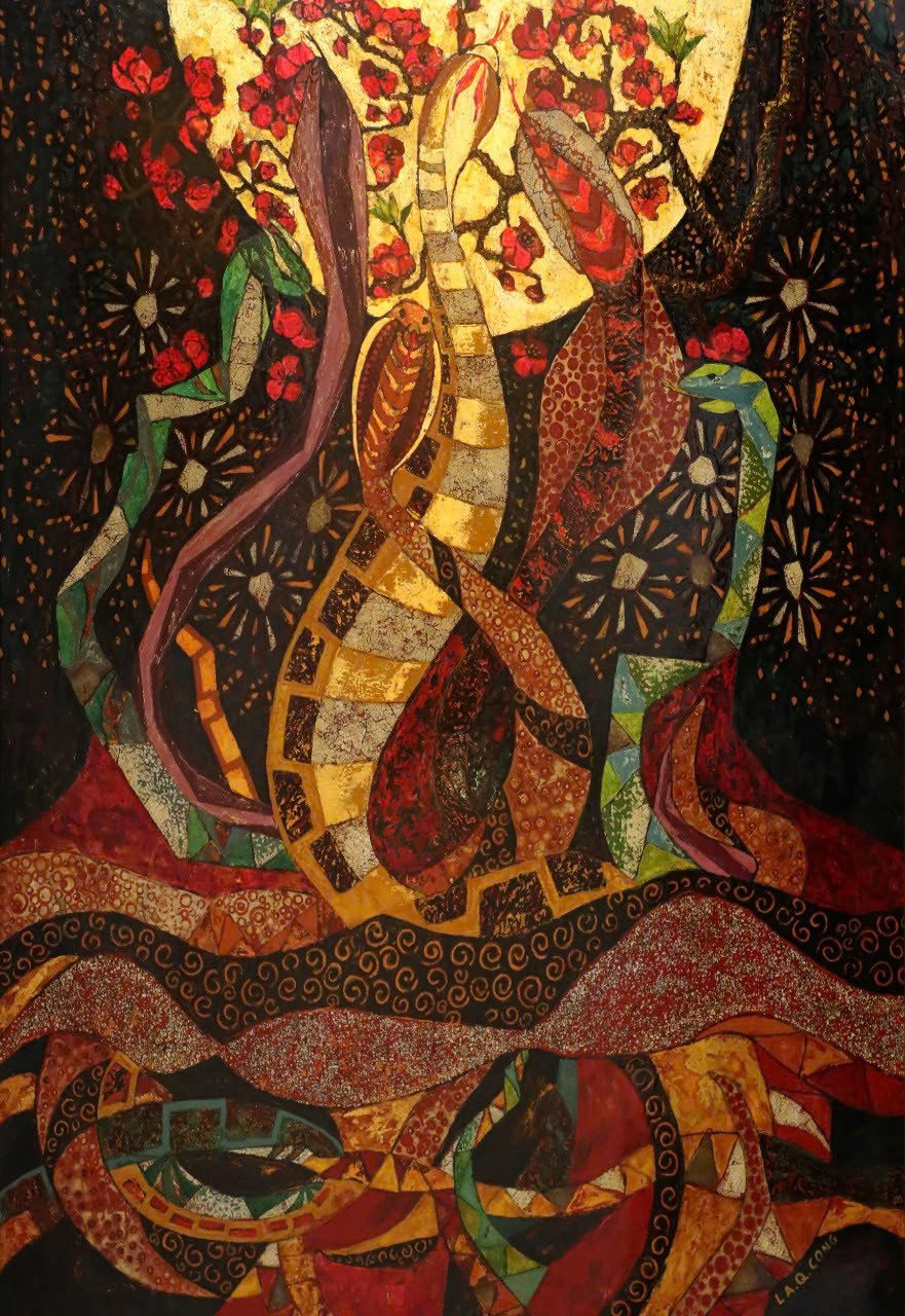 The Emerald Snake Dances With Joy Vietnamese Lacquer Painting by Artist Ngo Ba Cong