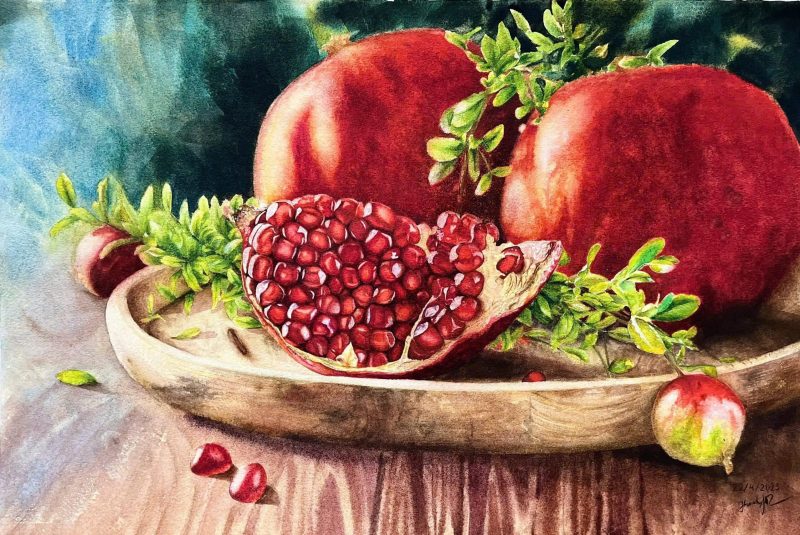 The Pomegranate's Blessing Watercolor Painting By Artist Thanh Ha