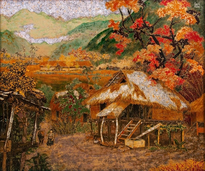 Mai Chau Golden Harvest - Vietnamese Lacquer Painting by Artist Le Khanh Hieu