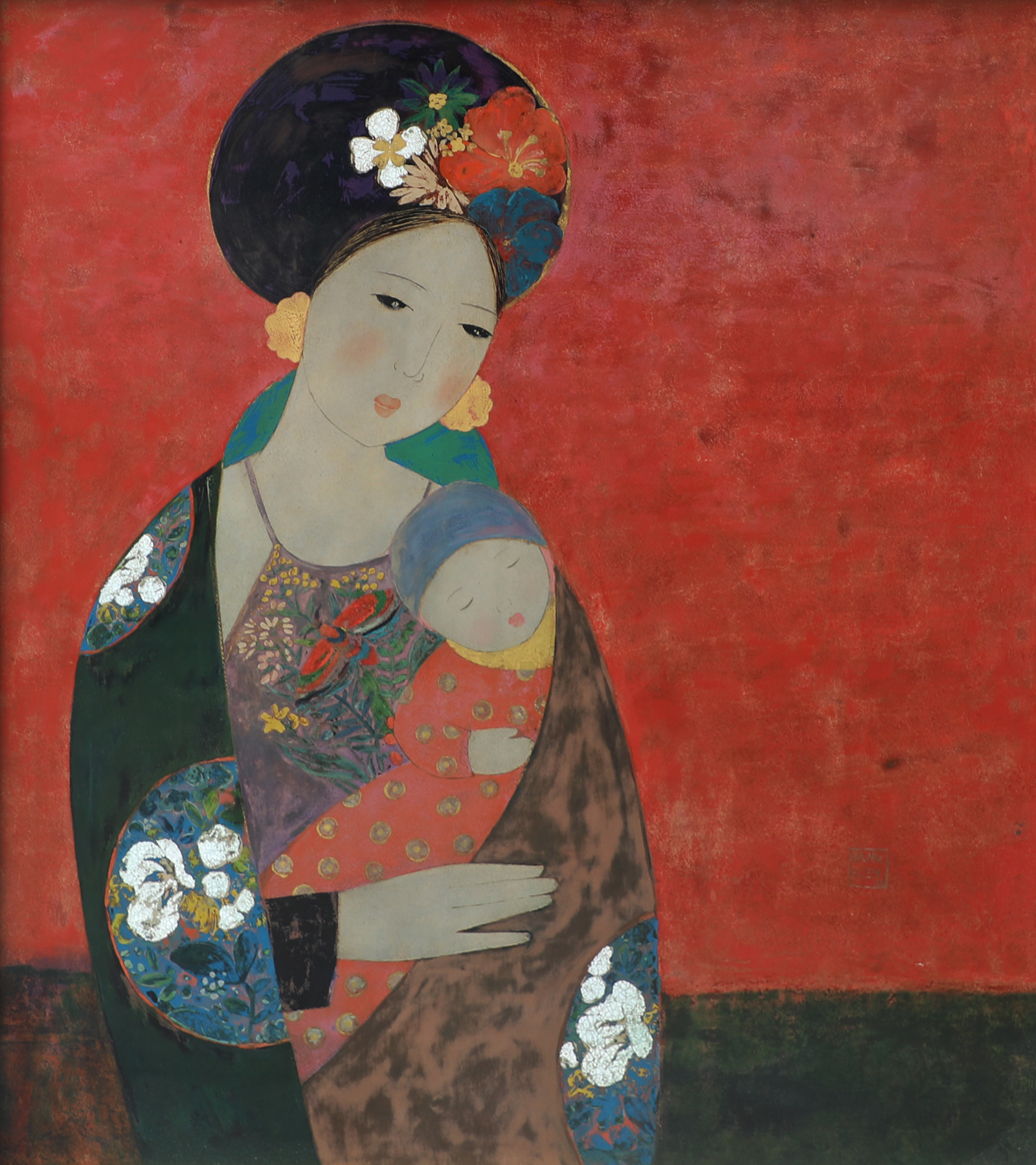 Mother’s Little Sun I - Vietnamese Lacquer Painting by Artist Dang Hien