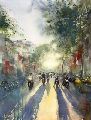 Rush Hours on Hang Bac St. Vietnamese Watercolor Painting By Artist Minh Dam