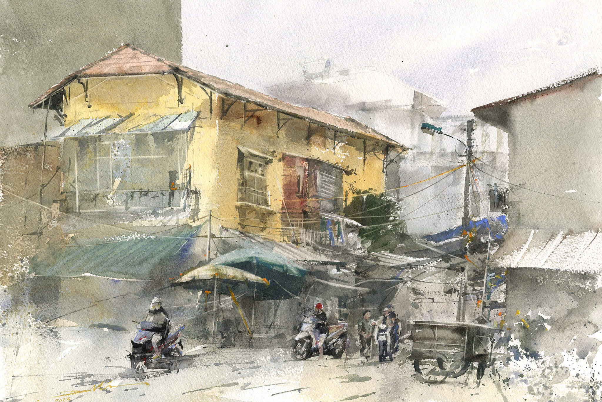 Hanoi Winter on Son Tay St. Vietnamese Watercolor Painting By Artist Minh Dam