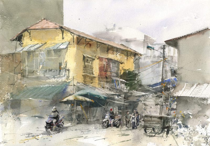 Hanoi Winter on Son Tay St. Vietnamese Watercolor Painting By Artist Minh Dam