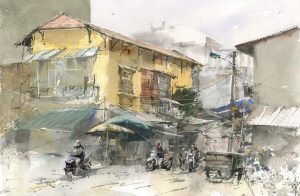 Hanoi Winter on Son Tay St. Vietnamese Watercolor Painting By Artist Minh Dam