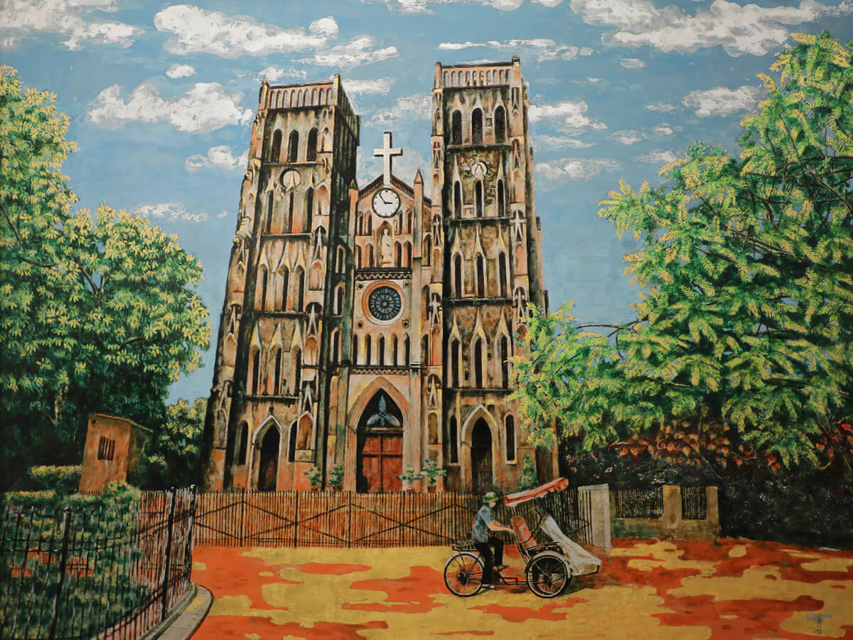 Nha Chung Street Vietnamese Lacquer painting by artist Nguyen Van Nghia