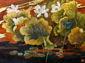 The Five Lotus Blossoms - Vietnamese Lacquer Painting by Artist Do Khai