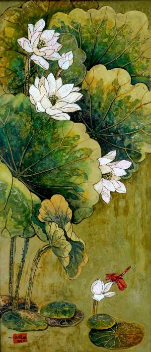 The Five Lotus Blossoms III - Vietnamese Lacquer Painting by Artist Do Khai