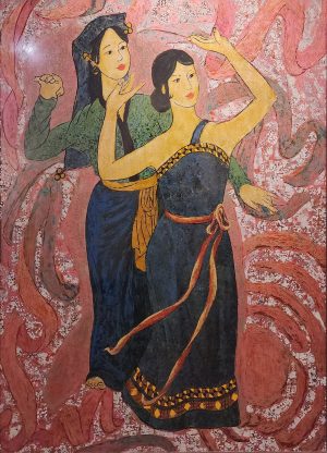 Women's Dance - Vietnamese Lacquer Painting by Artist Le Khanh Hieu